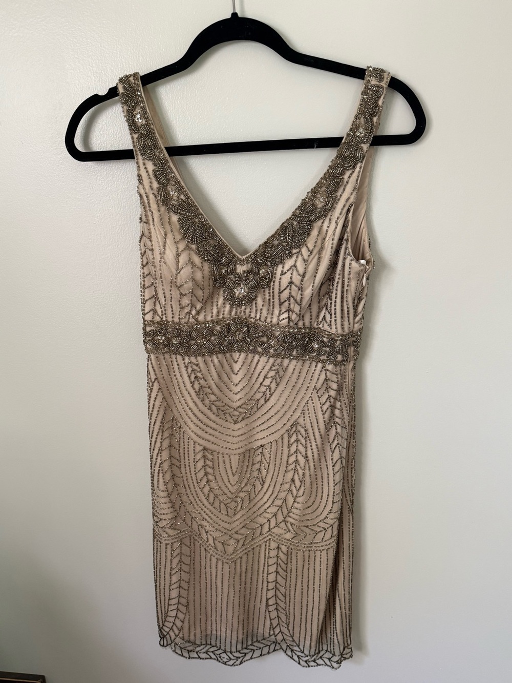 Sue Wong Champagne Beaded V-Neck Mini Dress